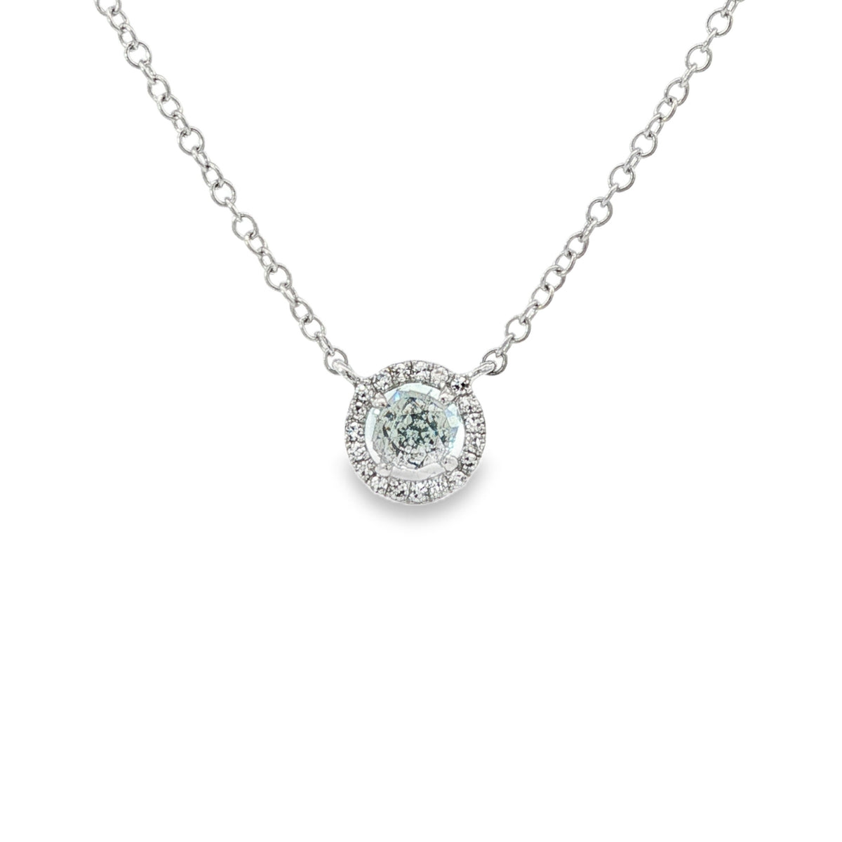 14kt Gold Aquamarine & Diamond Halo Necklace White