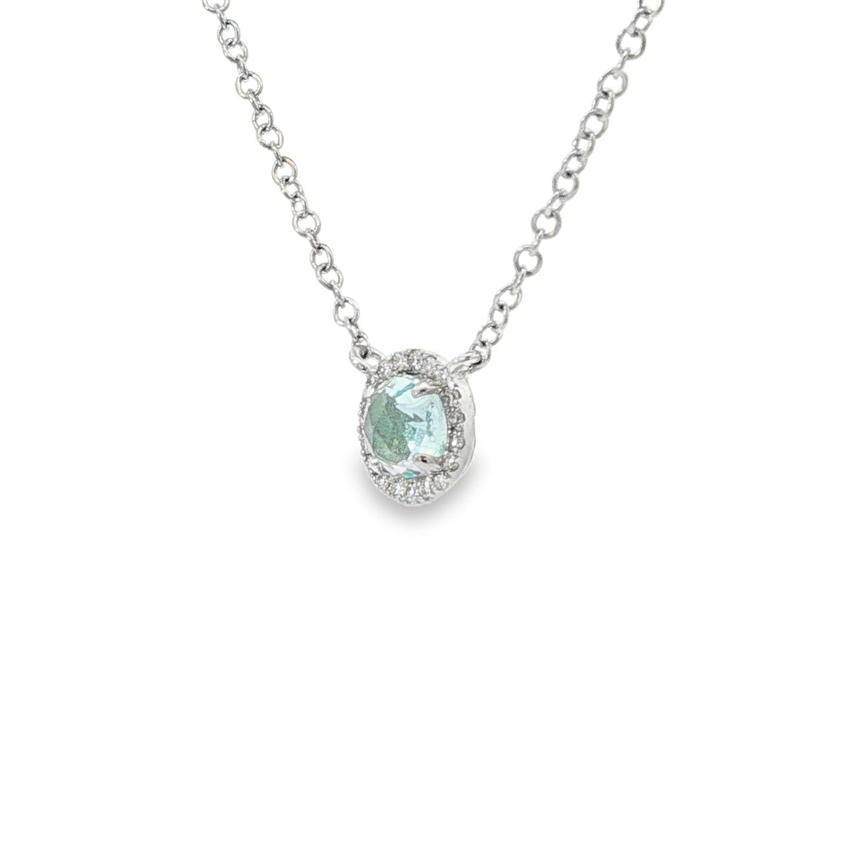 14kt Gold Aquamarine & Diamond Halo Necklace White,Yellow