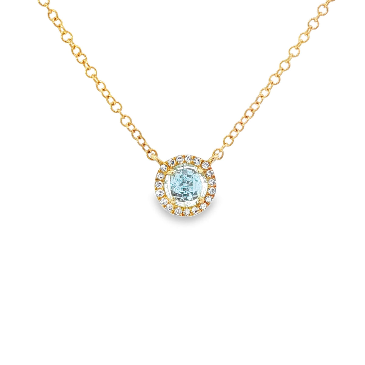 14kt Gold Aquamarine & Diamond Halo Necklace Yellow