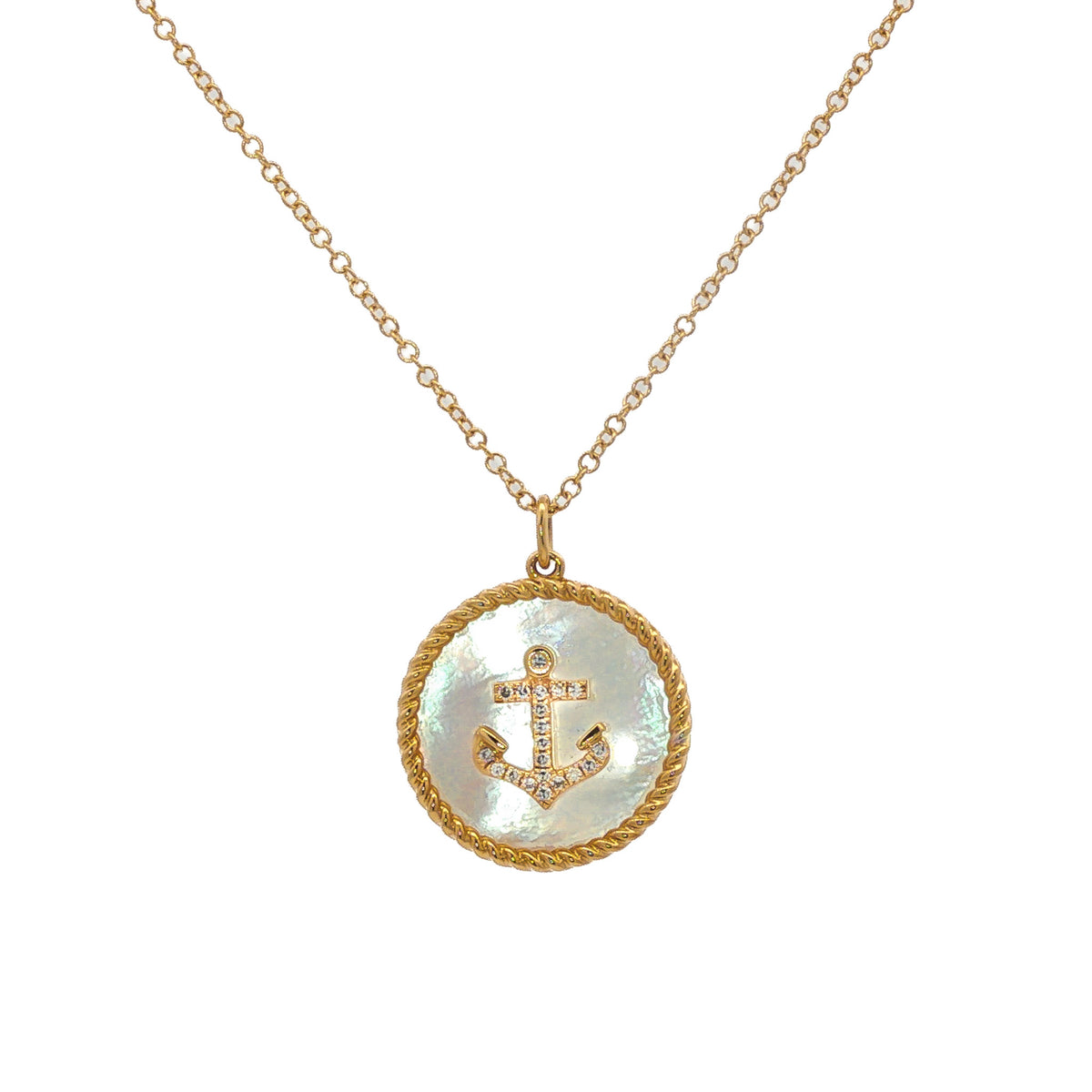 14K Yellow Gold Mother-of-Pearl and .05 ctw Diamond Anchor Pendant Necklace