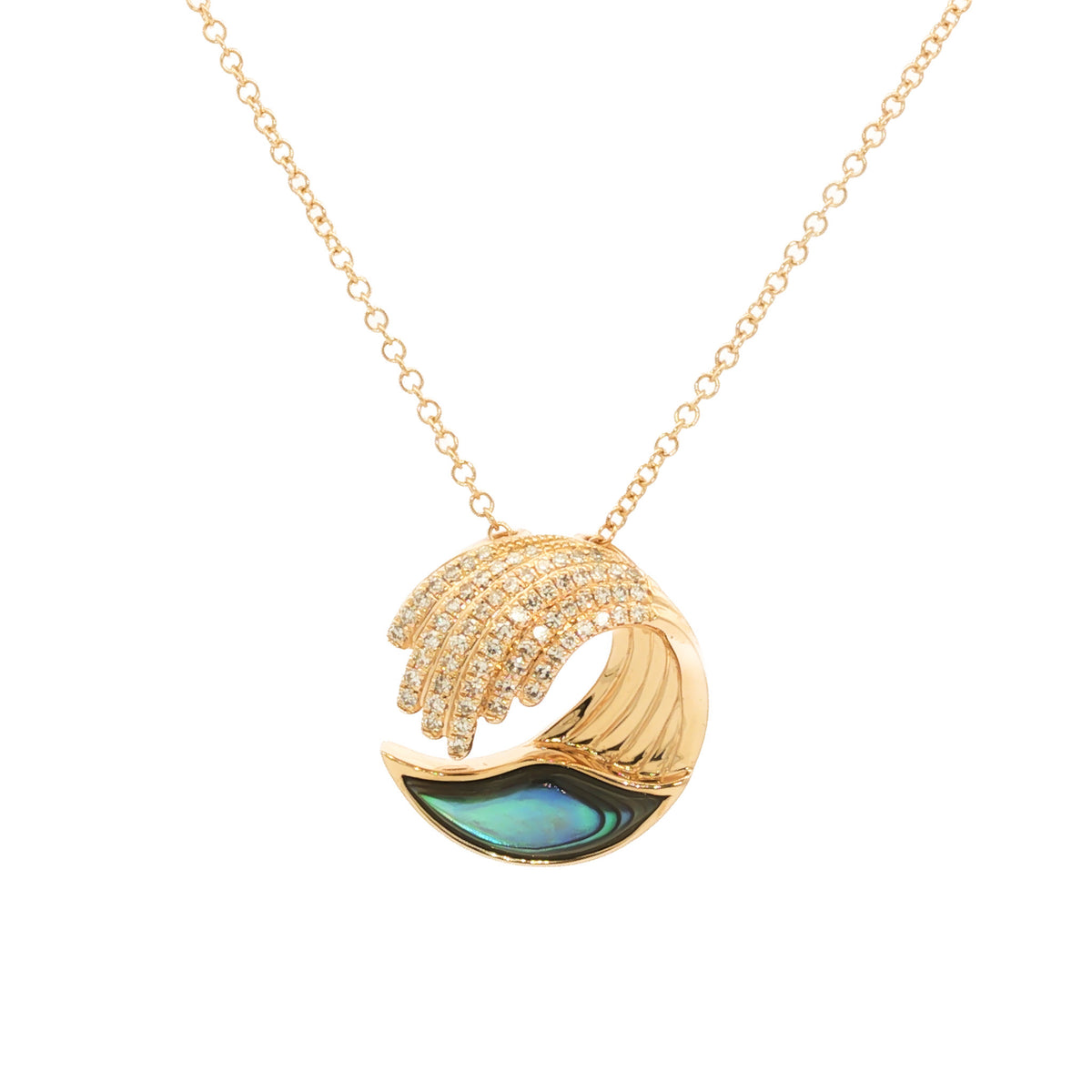 14K Yellow Gold Abalone Shell and .17 ctw Diamond Wave Pendant Necklace