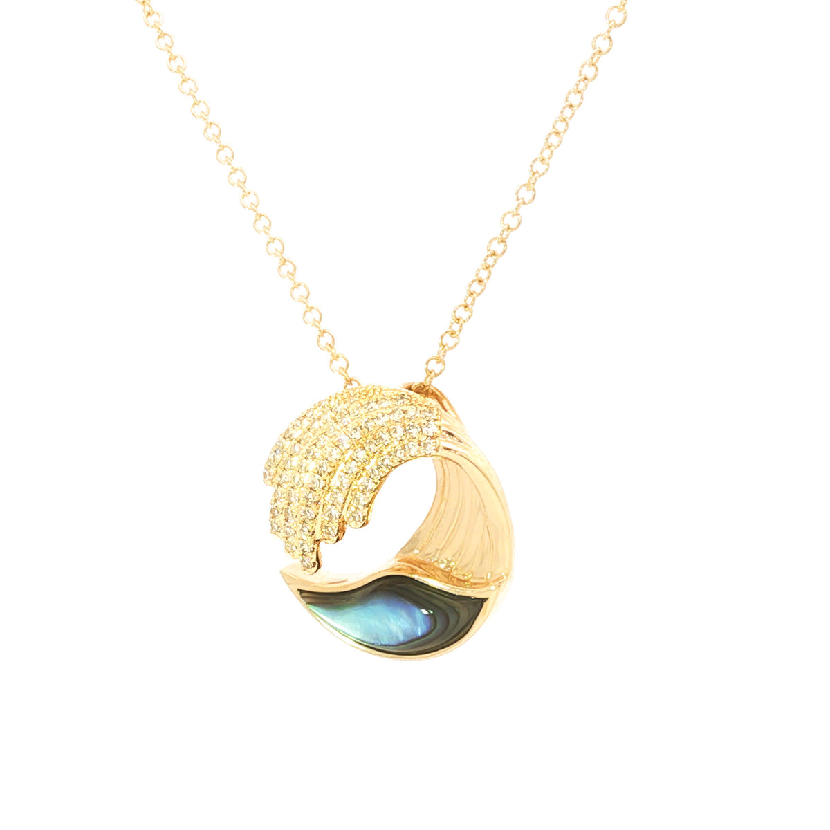 14K Yellow Gold Abalone Shell and .17 ctw Diamond Wave Pendant Necklace