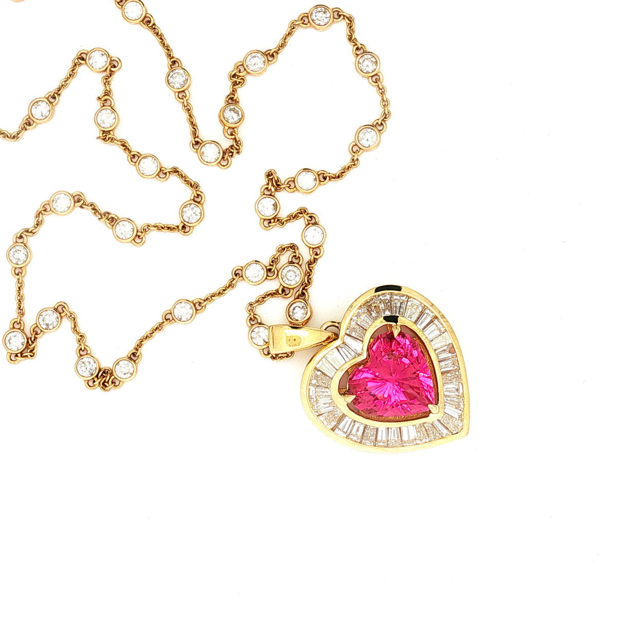 Juleve 14kt Yellow Gold 7.12 ct Pink Tourmaline Heart & 3.90 ctw Diamond Baguette Halo Pendant