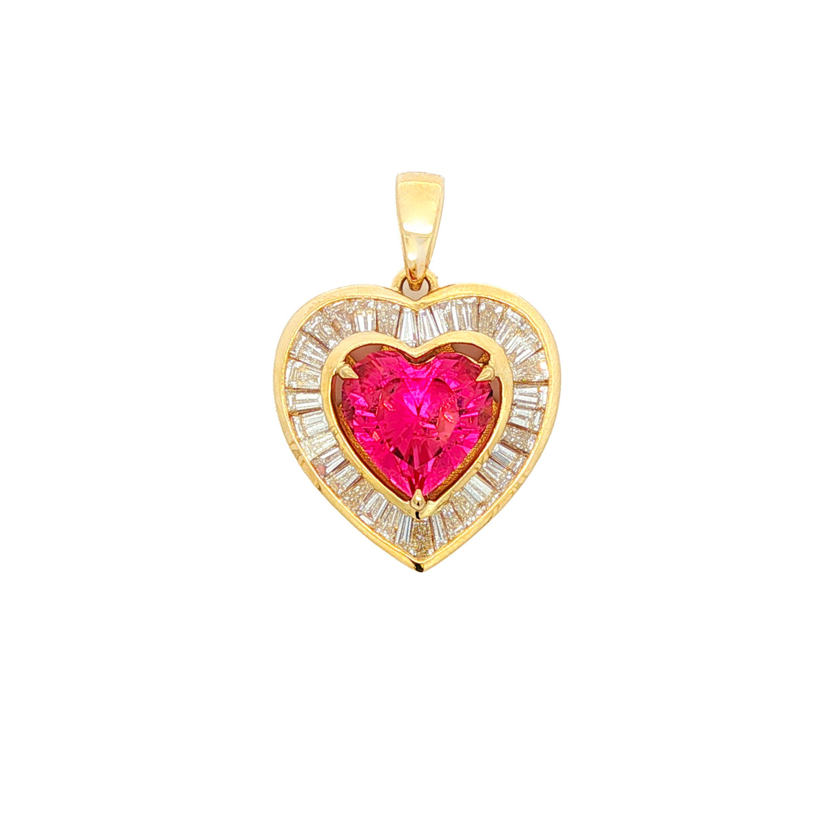 Juleve 14kt Yellow Gold 7.12 ct Pink Tourmaline Heart & 3.90 ctw Diamond Baguette Halo Pendant