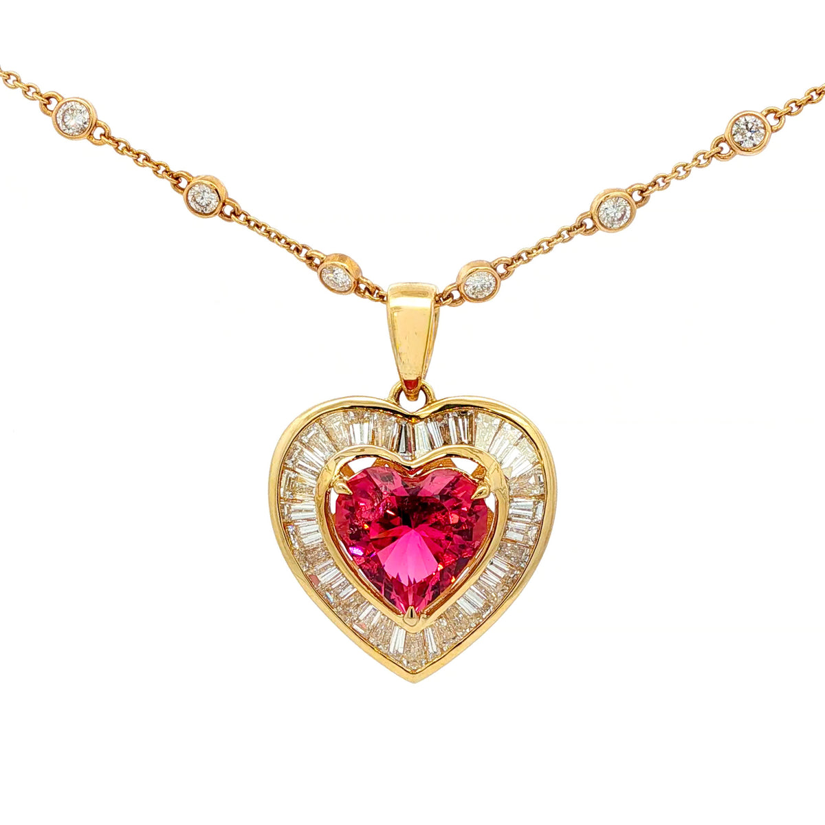 Juleve 14kt Yellow Gold 7.12 ct Pink Tourmaline Heart & 3.90 ctw Diamond Baguette Halo Pendant