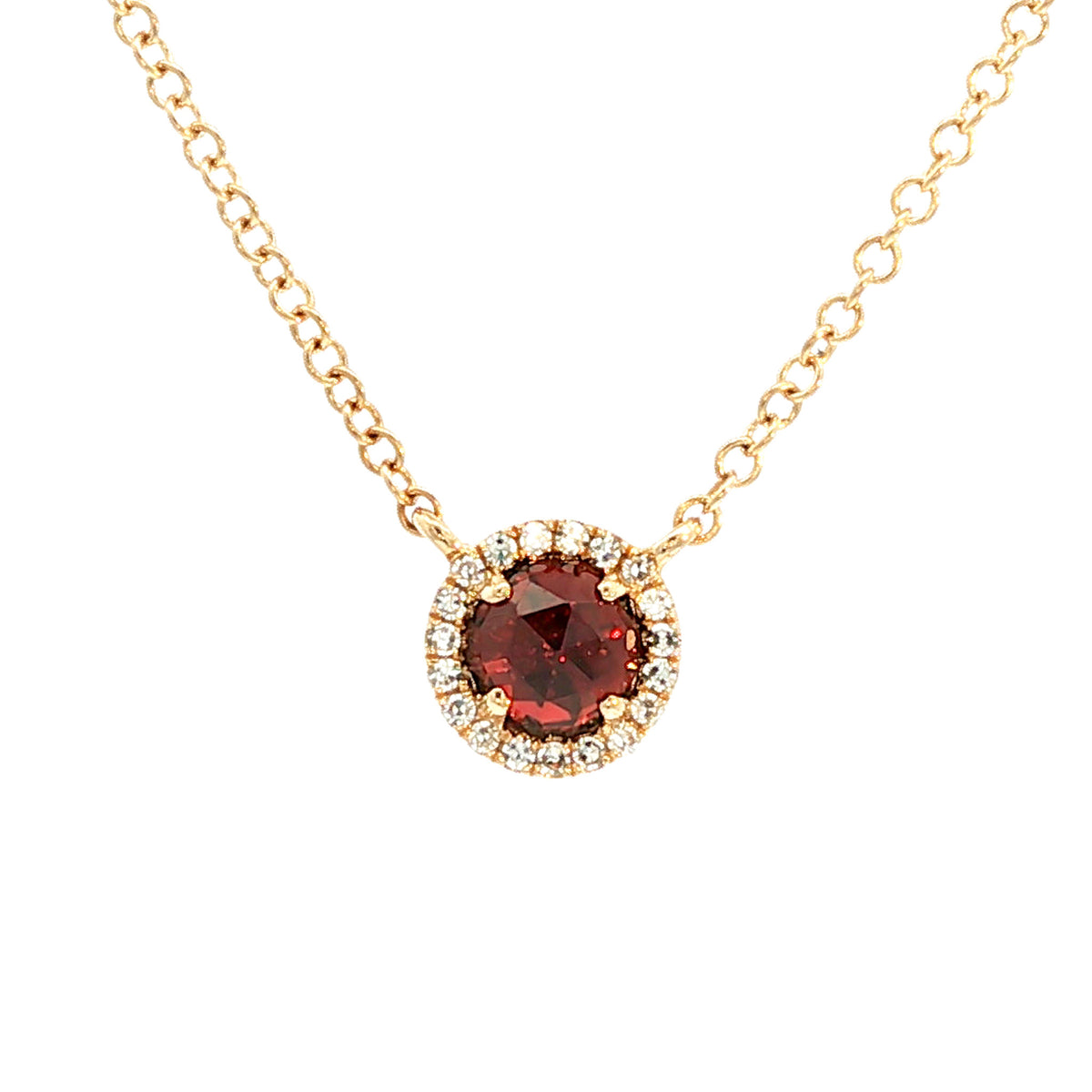 14kt Gold Garnet and Diamond Halo Necklace Yellow,White