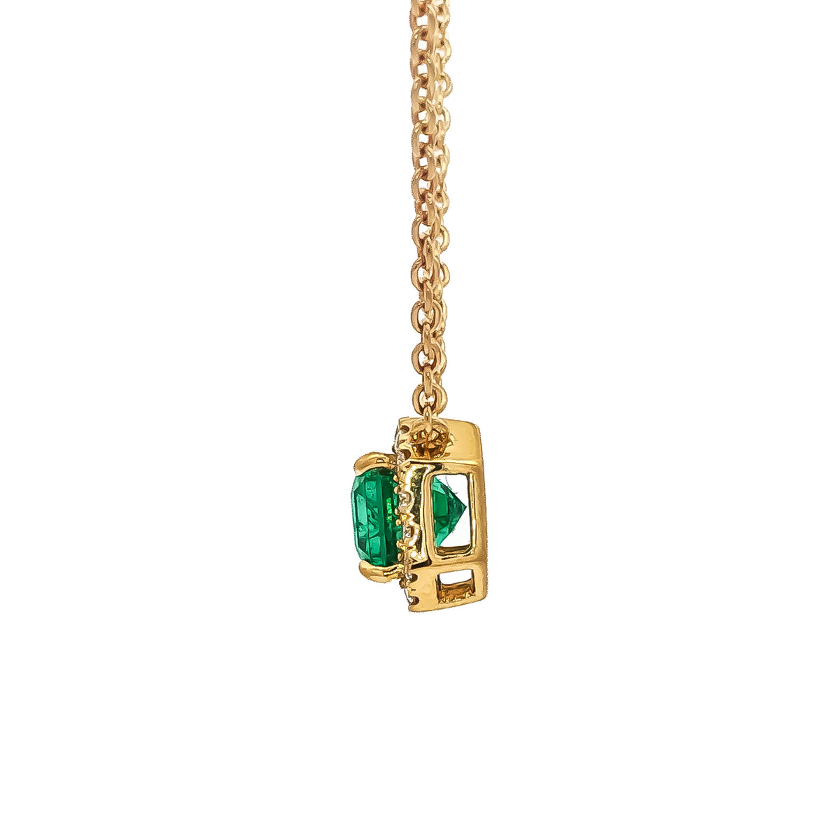 18kt Yellow Gold 1.25ct Emerald & 0.12 ctw Round Diamond East-West Halo Necklace