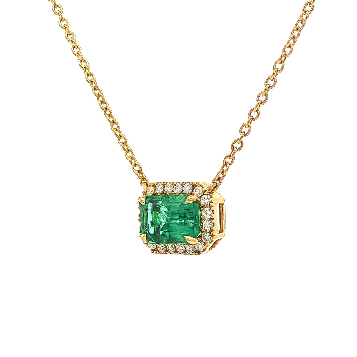 18kt Yellow Gold 1.25ct Emerald & 0.12 ctw Round Diamond East-West Halo Necklace