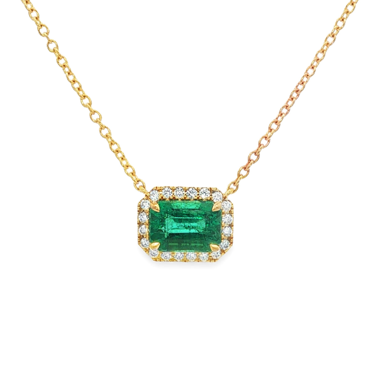 18kt Yellow Gold 1.25ct Emerald & 0.12 ctw Round Diamond East-West Halo Necklace