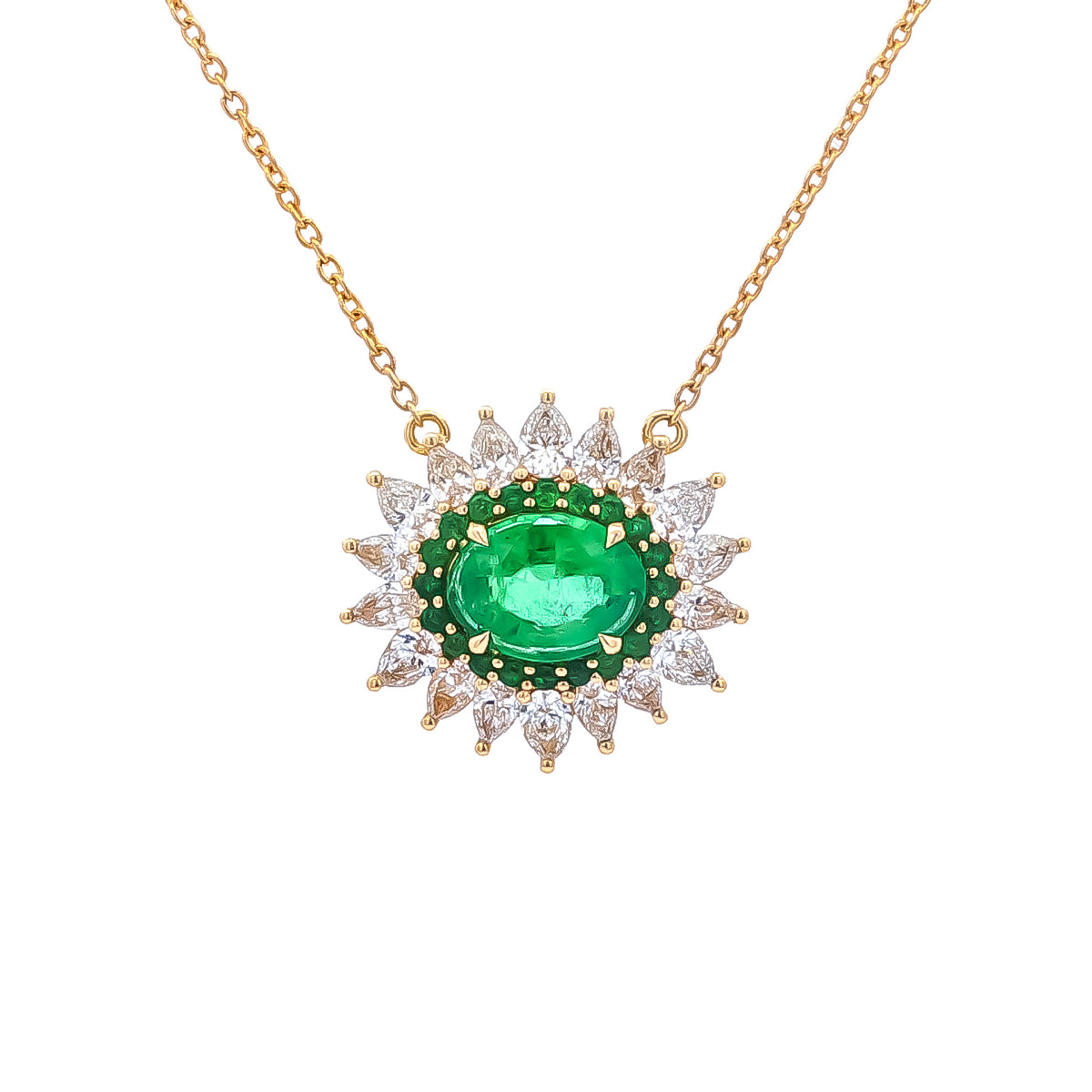 18kt Yellow Gold 1.65ct Oval/Round Emerald & 1.70ctw Pear/Round Diamond East-West Starburst Halo Necklace