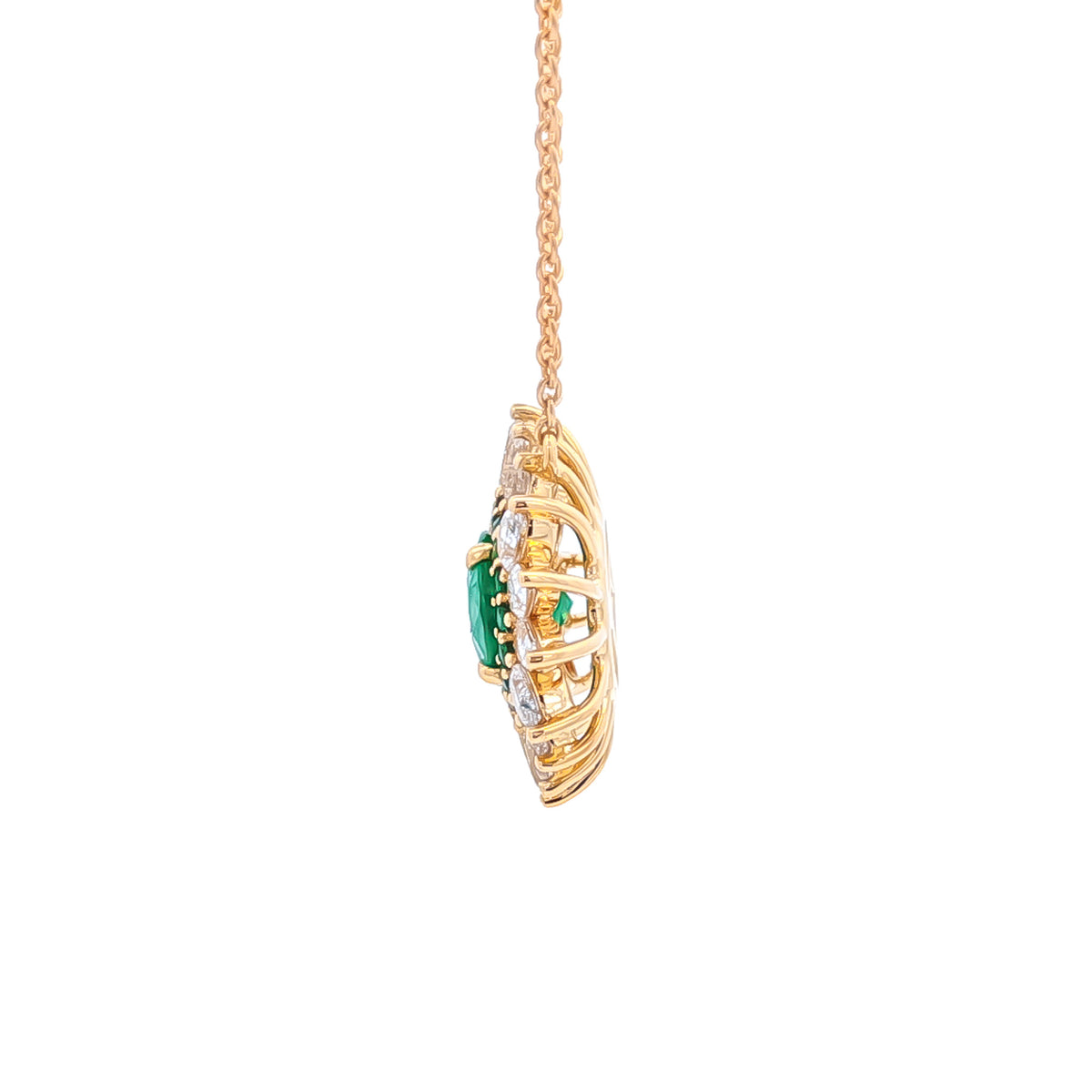 18kt Yellow Gold 1.65ct Oval/Round Emerald & 1.70ctw Pear/Round Diamond East-West Starburst Halo Necklace