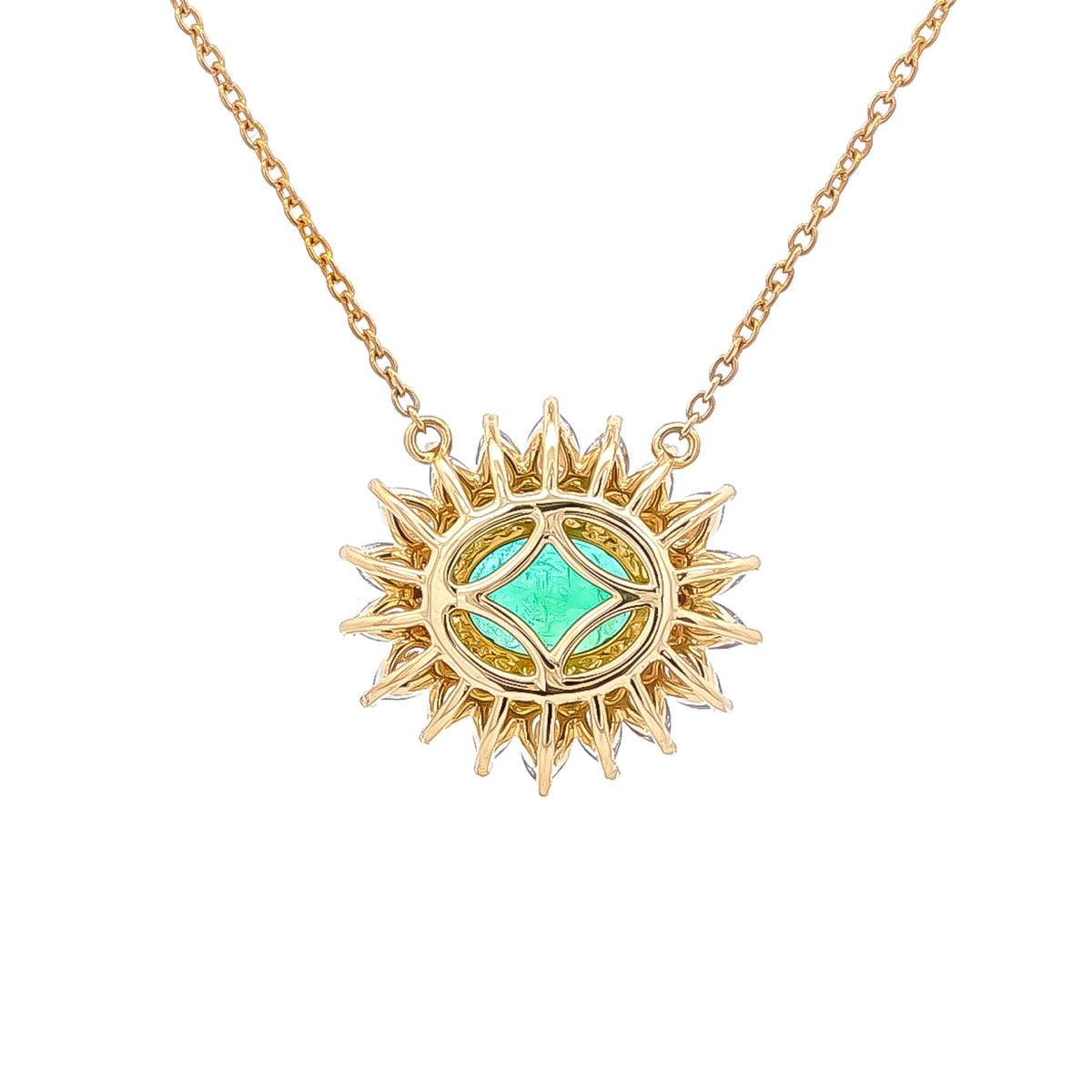 18kt Yellow Gold 1.65ct Oval/Round Emerald & 1.70ctw Pear/Round Diamond East-West Starburst Halo Necklace