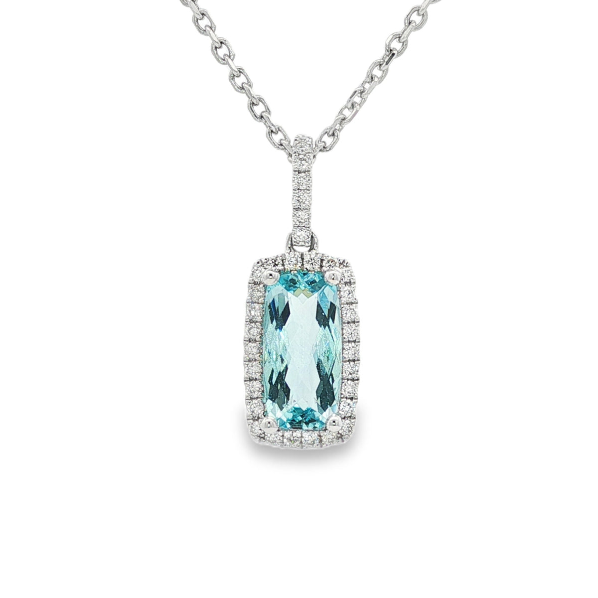 14kt White Gold 1.09 ct Elongated Cushion Aquamarine with Diamond Halo Pendant