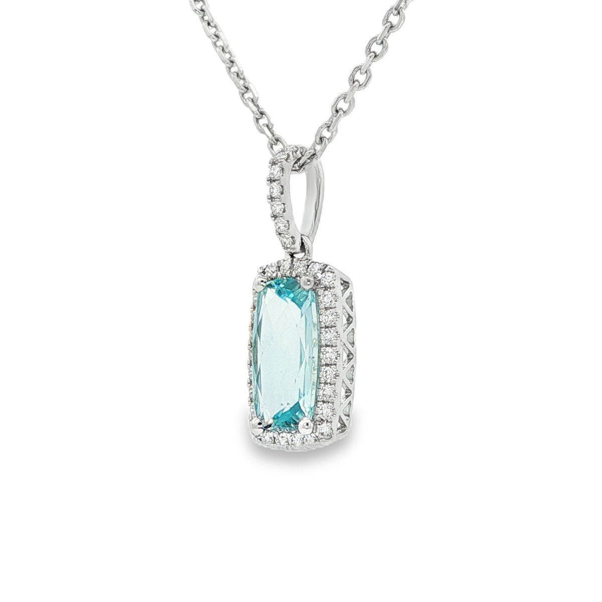 14kt White Gold 1.09 ct Elongated Cushion Aquamarine with Diamond Halo Pendant