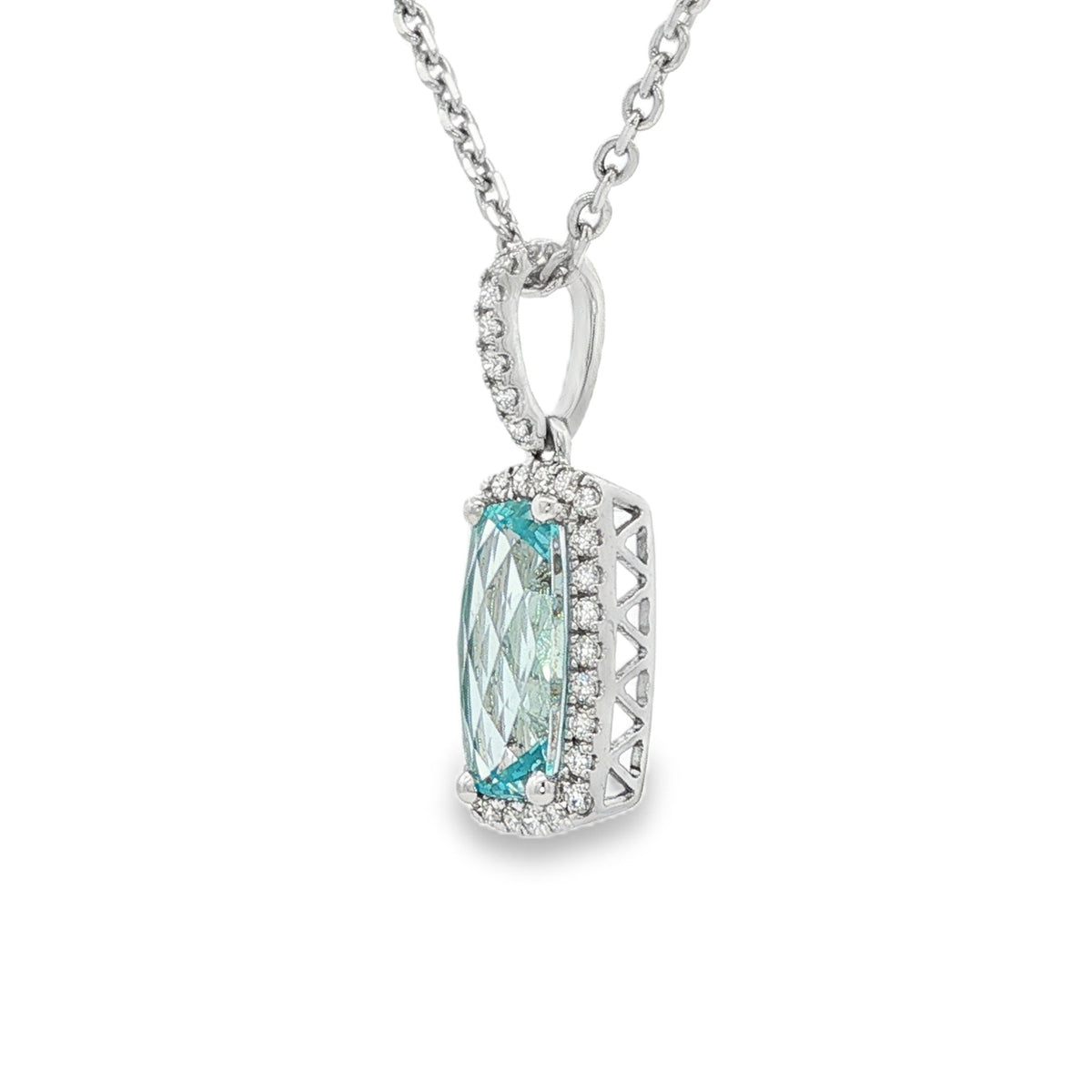 14kt White Gold 1.09 ct Elongated Cushion Aquamarine with Diamond Halo Pendant