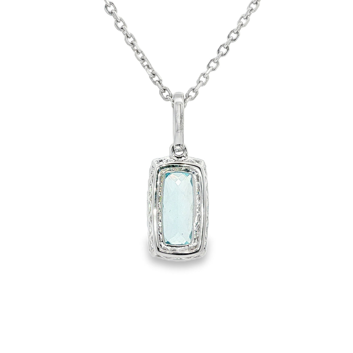 14kt White Gold 1.09 ct Elongated Cushion Aquamarine with Diamond Halo Pendant