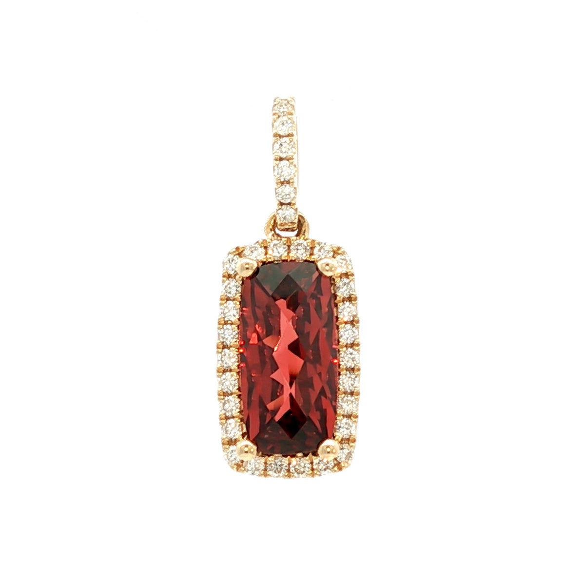 14kt Yellow Gold 1.53 ct Elongated Cushion Garnet and Diamond Halo Pendant