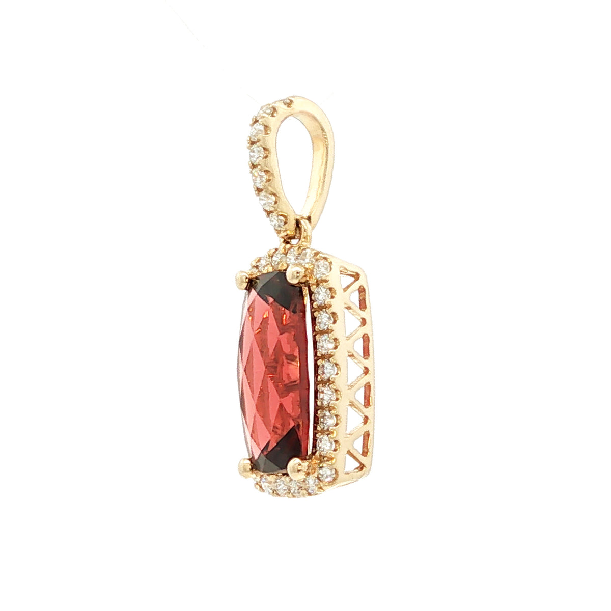 14kt Yellow Gold 1.53 ct Elongated Cushion Garnet and Diamond Halo Pendant