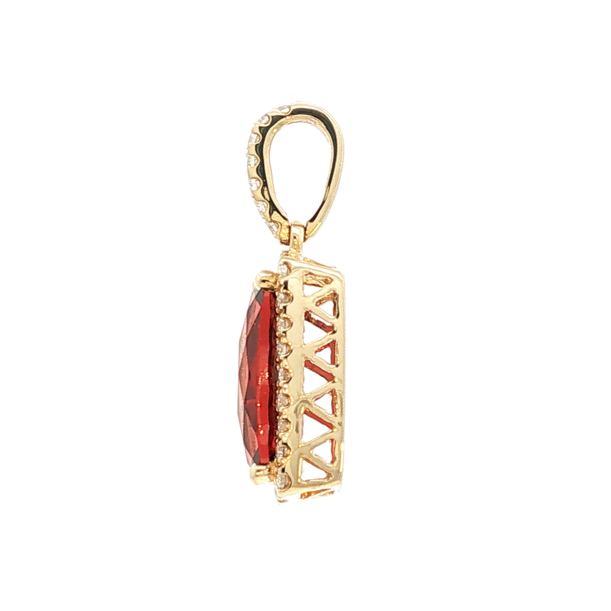 14kt Yellow Gold 1.53 ct Elongated Cushion Garnet and Diamond Halo Pendant