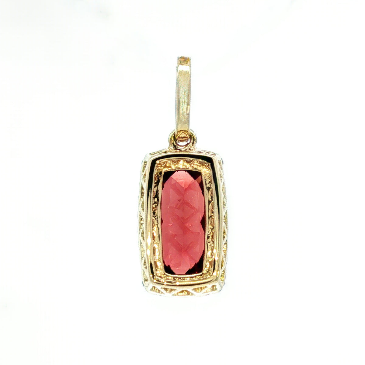 14kt Yellow Gold 1.53 ct Elongated Cushion Garnet and Diamond Halo Pendant