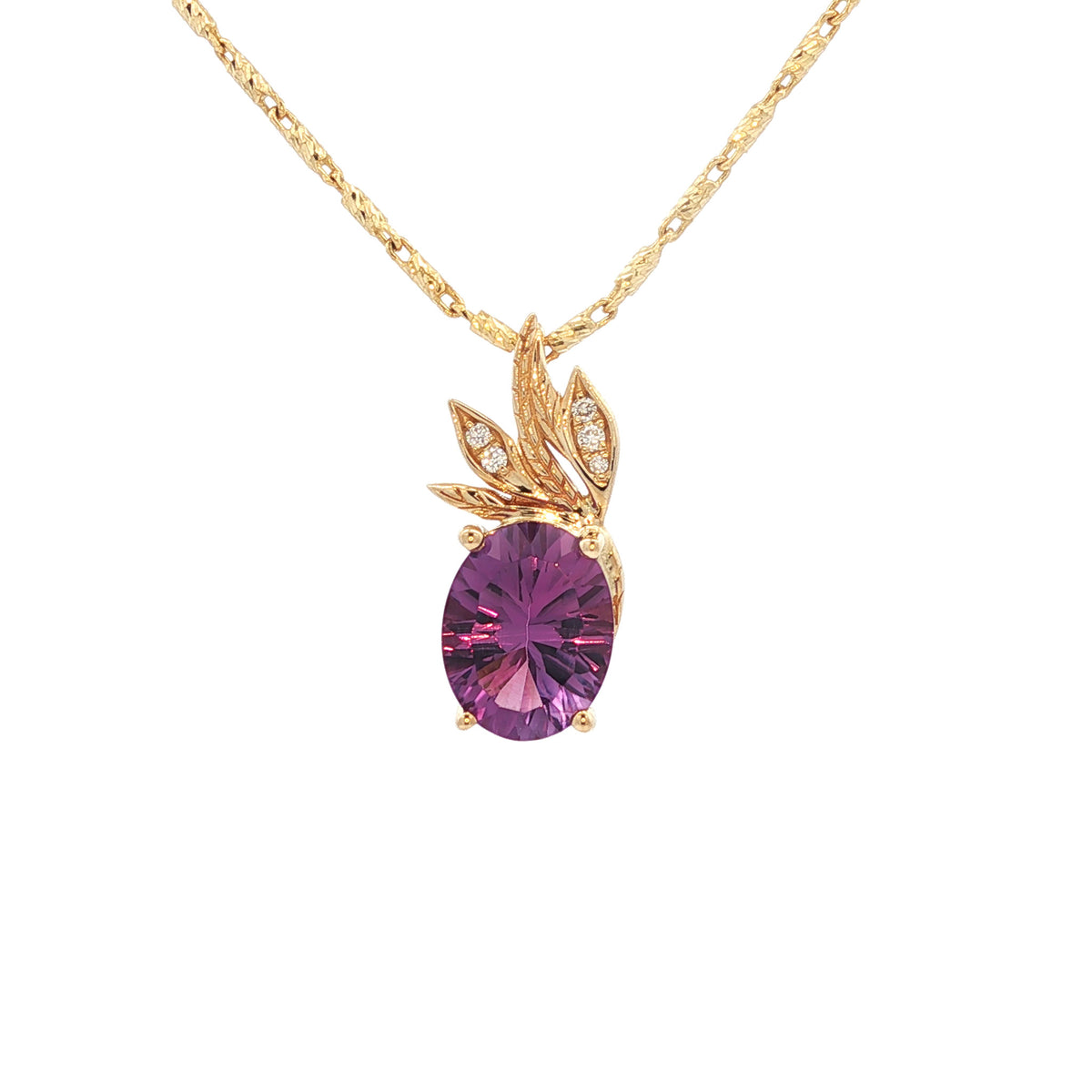 14kt Yellow Gold 1.54 ct Oval Amethyst with Diamond Leaf Pendant