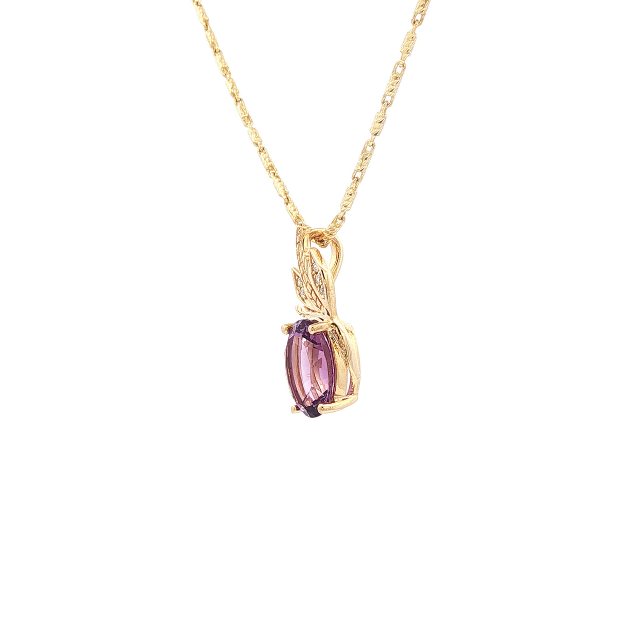 14kt Yellow Gold 1.54 ct Oval Amethyst with Diamond Leaf Pendant