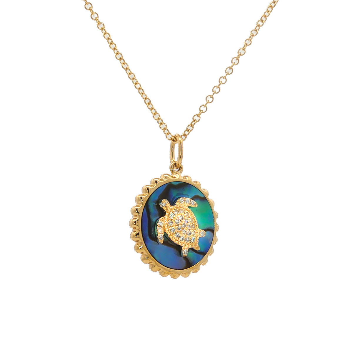 14k Yellow Gold Abalone Shell and .06 ctw Diamond Sea Turtle Pendant Necklace