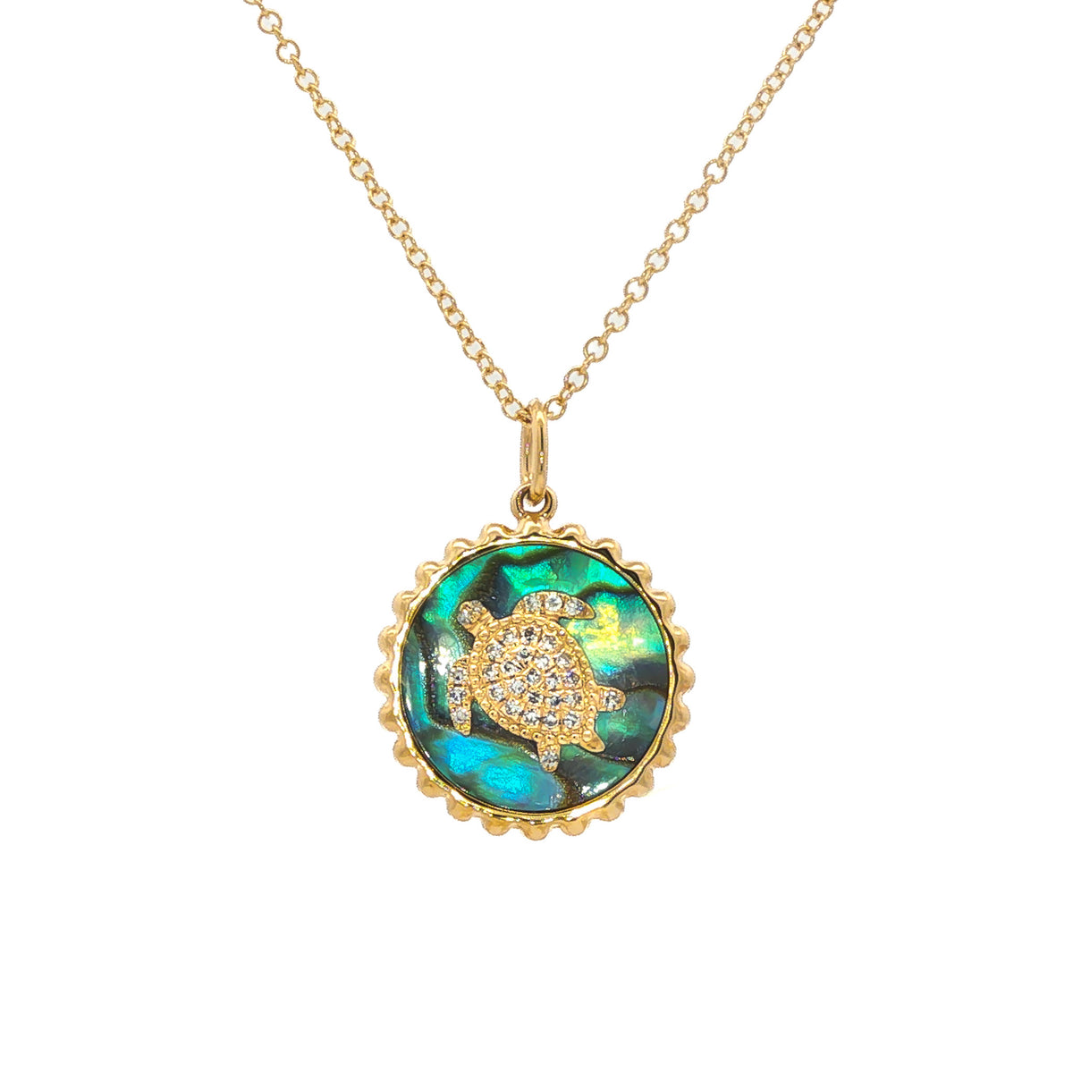 14k Yellow Gold Abalone Shell and .06 ctw Diamond Sea Turtle Pendant Necklace