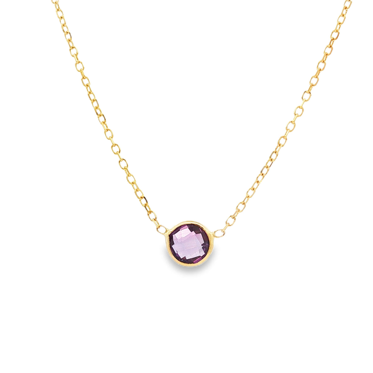 14kt Yellow Gold 6mm Round Amethyst Bezel Set Necklace