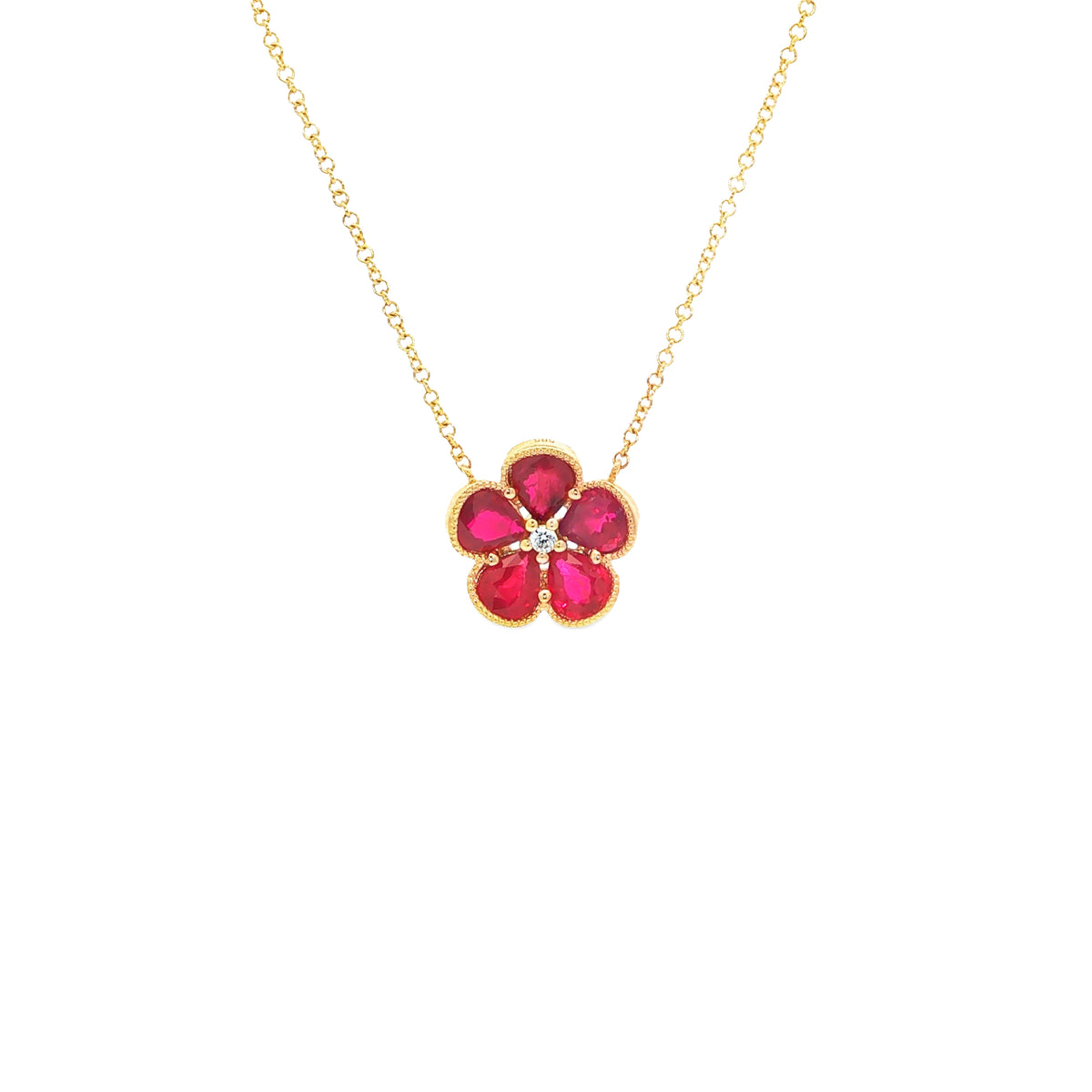 14kt Yellow Gold 1.58 ctw Pear-Shaped Ruby & 0.02 ctw Diamond Flower Necklace
