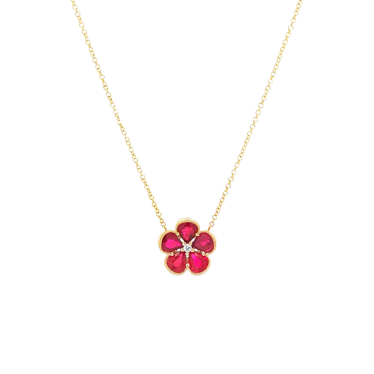 14kt Yellow Gold 1.58 ctw Pear-Shaped Ruby & 0.02 ctw Diamond Flower Necklace