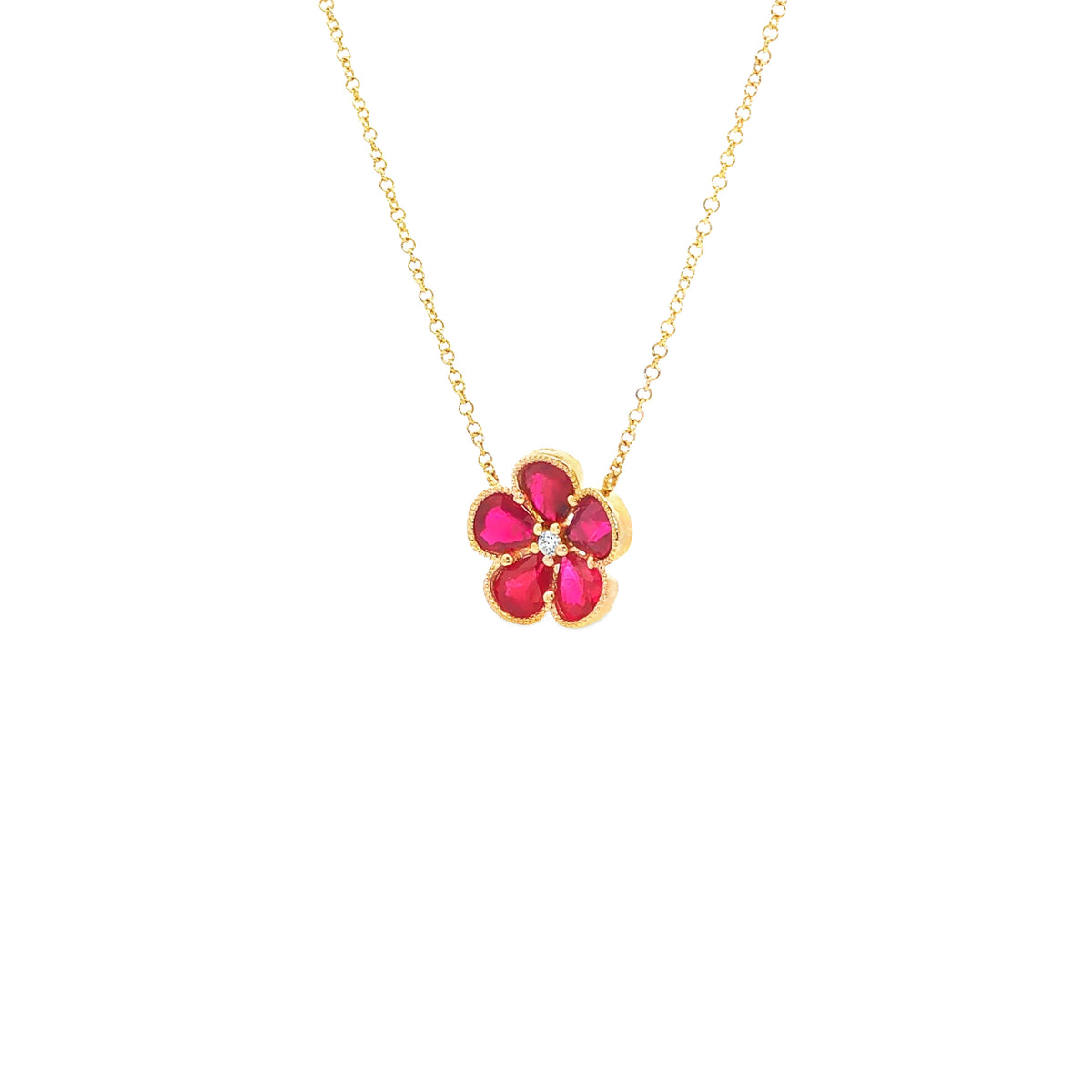 14kt Yellow Gold 1.58 ctw Pear-Shaped Ruby & 0.02 ctw Diamond Flower Necklace