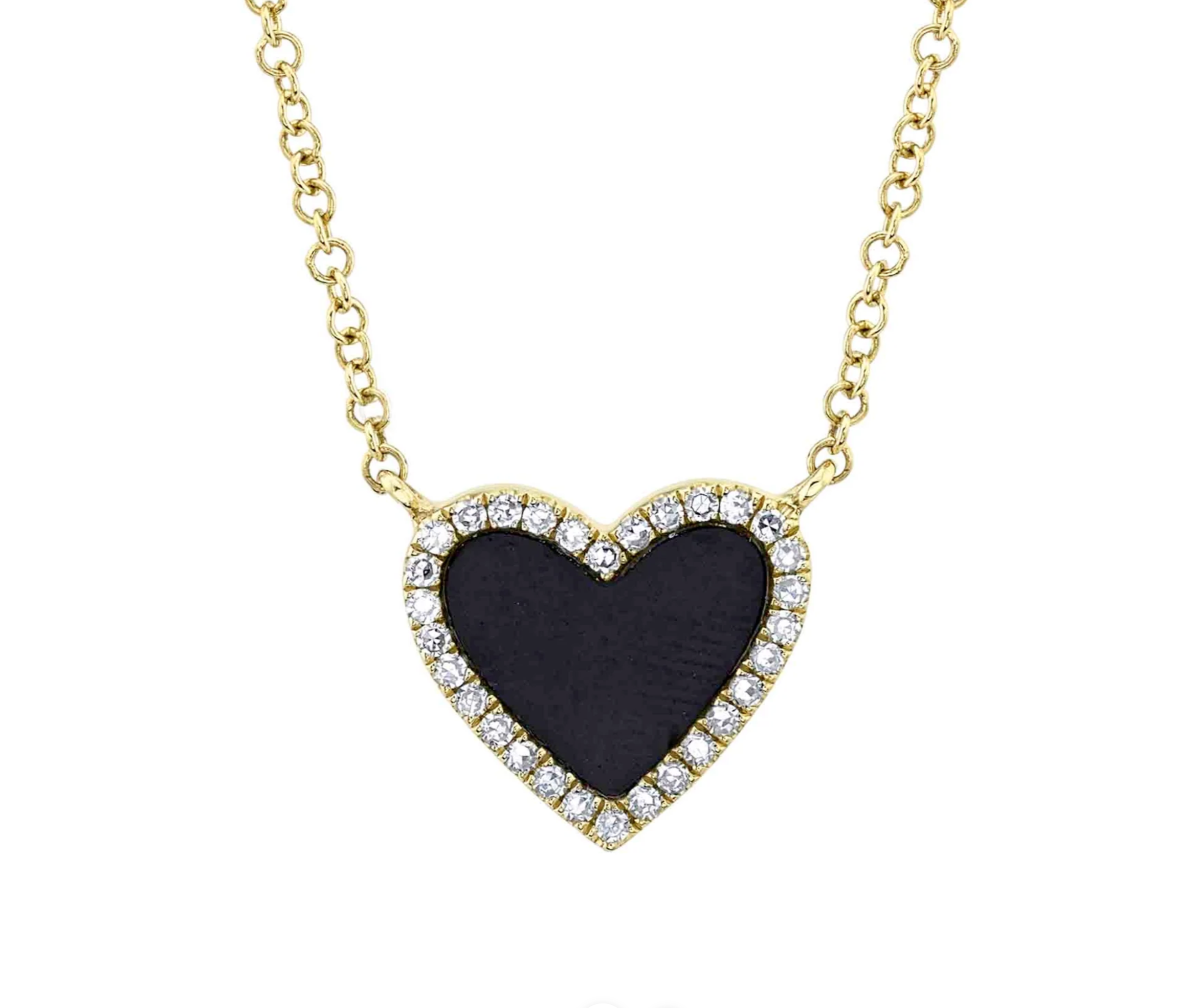14kt Yellow Gold Onyx Heart with Diamond Halo Necklace