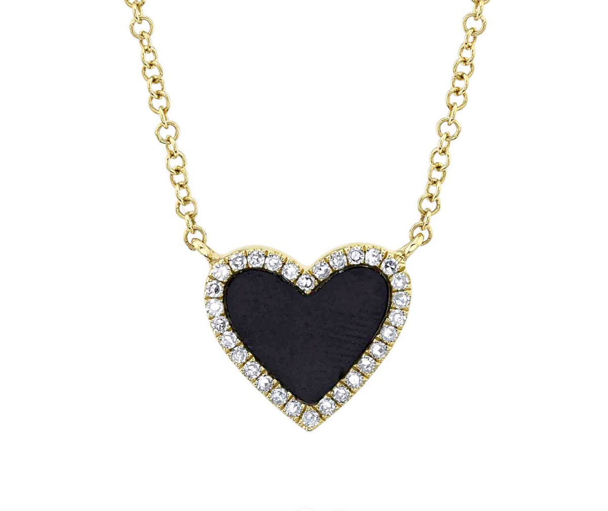 14kt Yellow Gold Onyx Heart with Diamond Halo Necklace