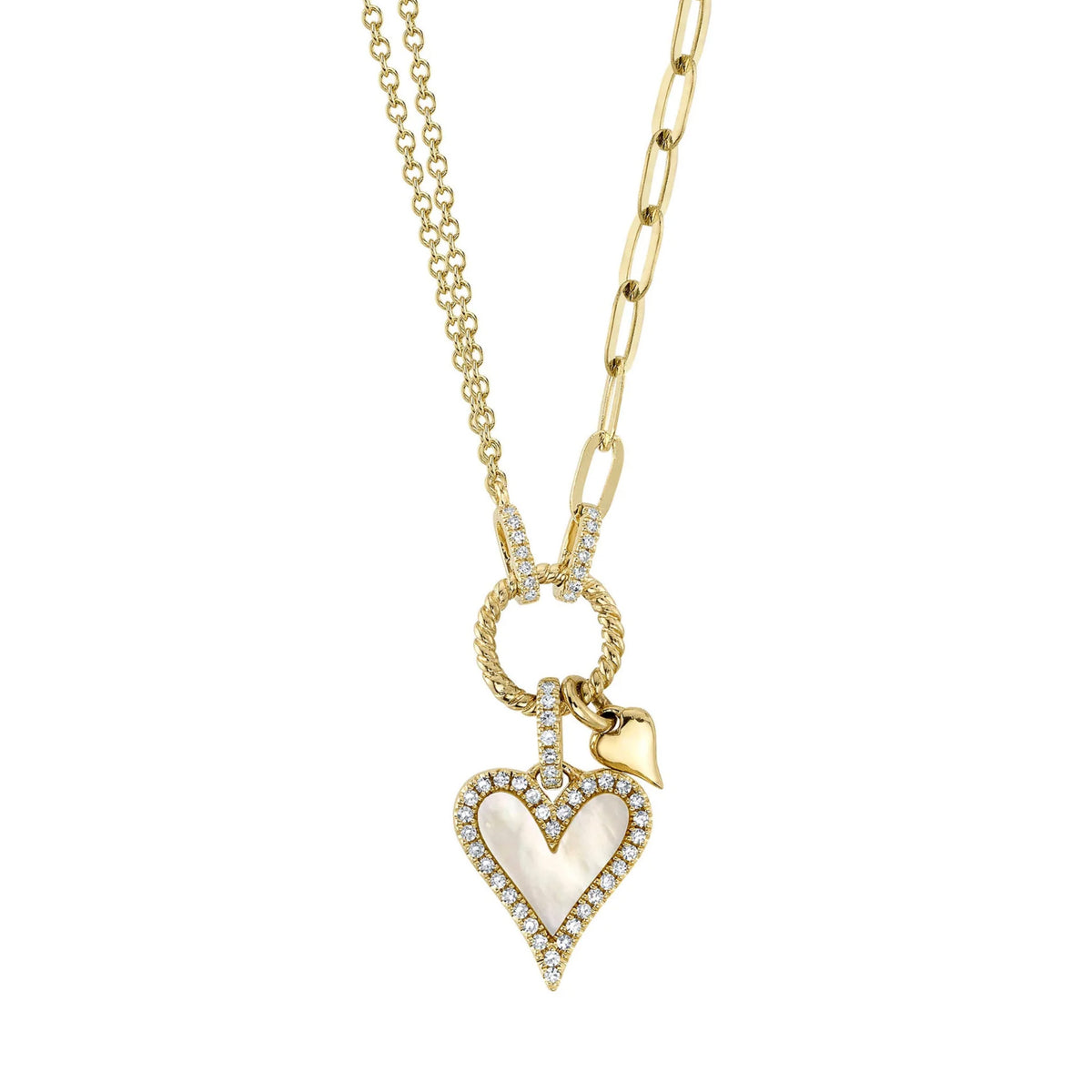 14kt Yellow Gold Heart Shaped Mother of Pearl .13 ctw Diamond Halo Necklace