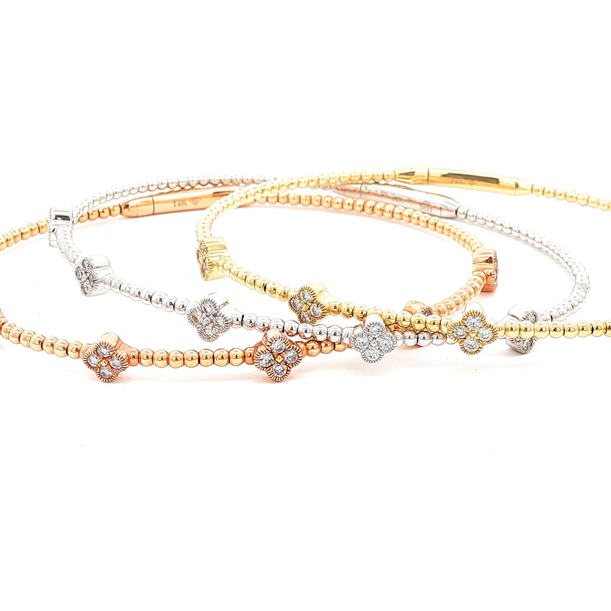 14kt Gold 1/3 ct Diamond Clover Flex Bangle Bracelet White,Yellow,Rose