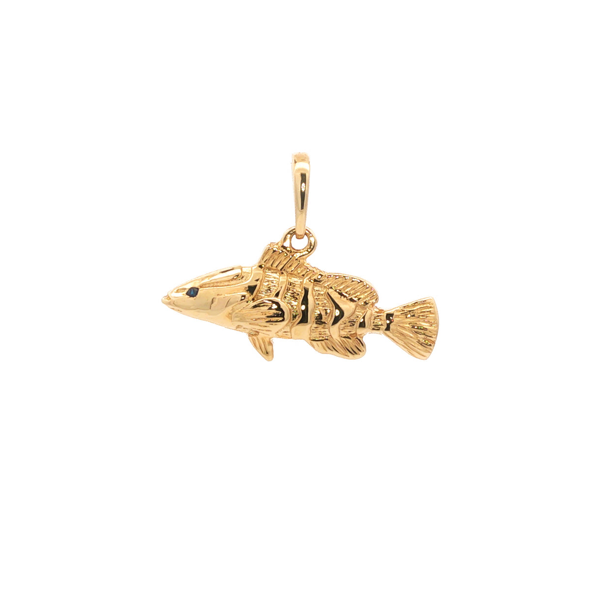 14kt Yellow Gold Sapphire Eye Grouper Fish Pendant