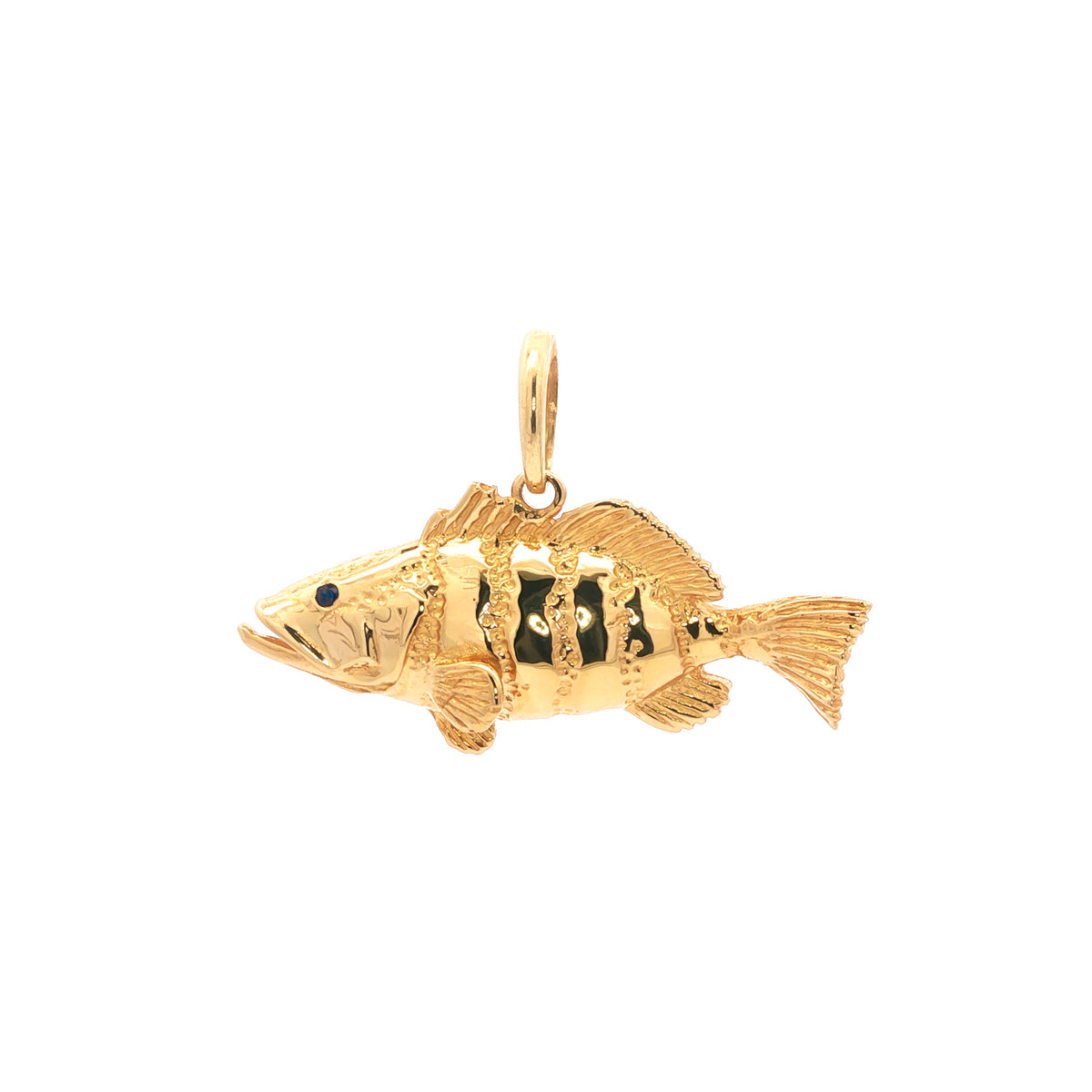 14kt Yellow Gold Sapphire Eye Large Grouper Fish Pendant