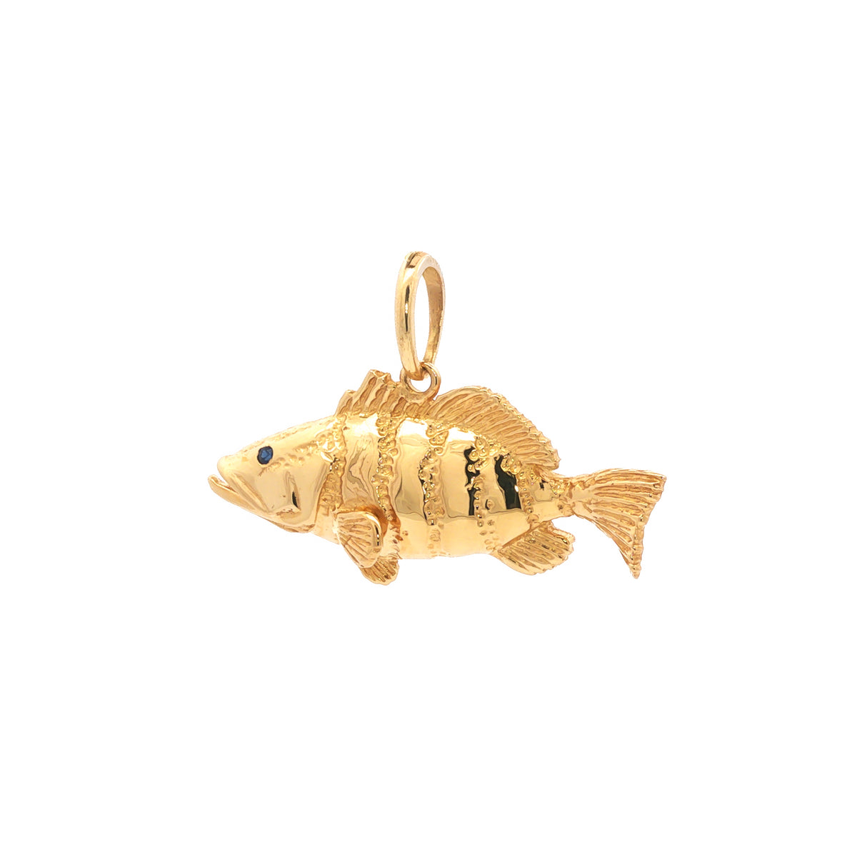 14kt Yellow Gold Sapphire Eye Large Grouper Fish Pendant
