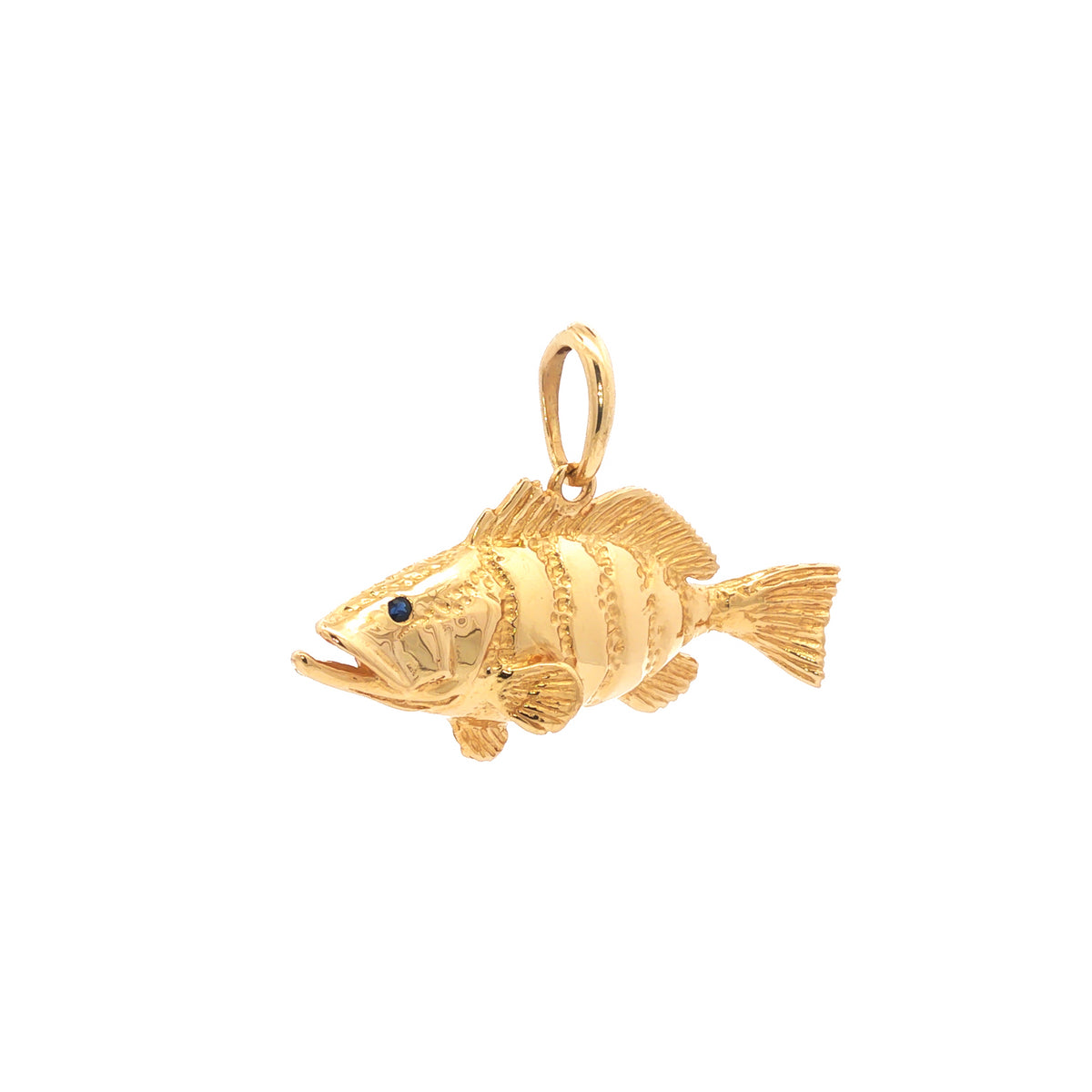 14kt Yellow Gold Sapphire Eye Large Grouper Fish Pendant