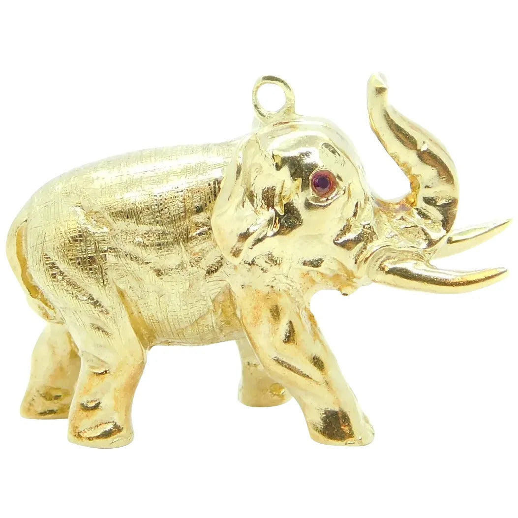 14kt Yellow Gold Solid Elephant Charm with Ruby Eyes