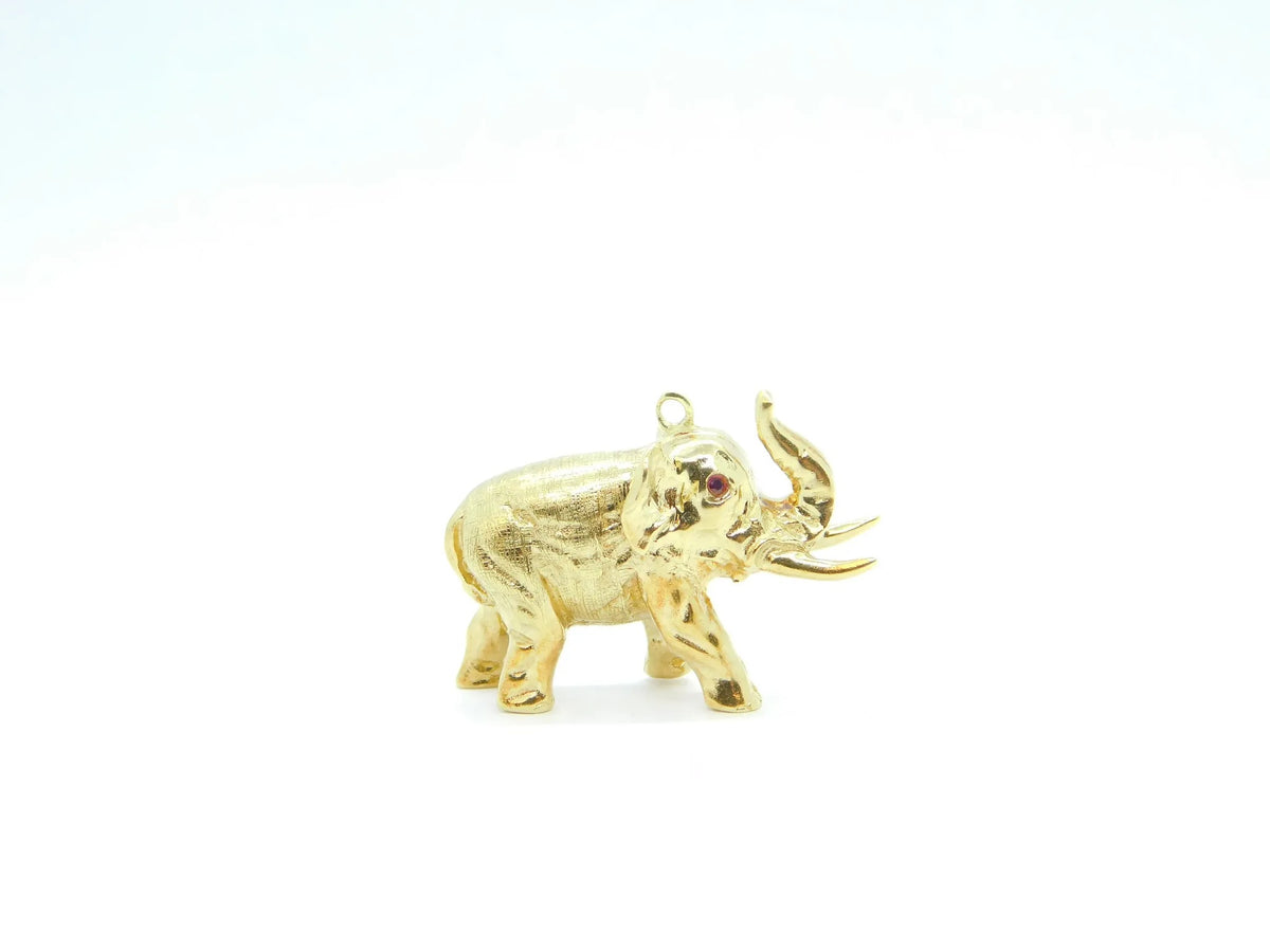 14kt Yellow Gold Solid Elephant Charm with Ruby Eyes