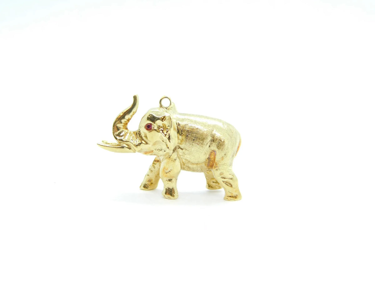 14kt Yellow Gold Solid Elephant Charm with Ruby Eyes