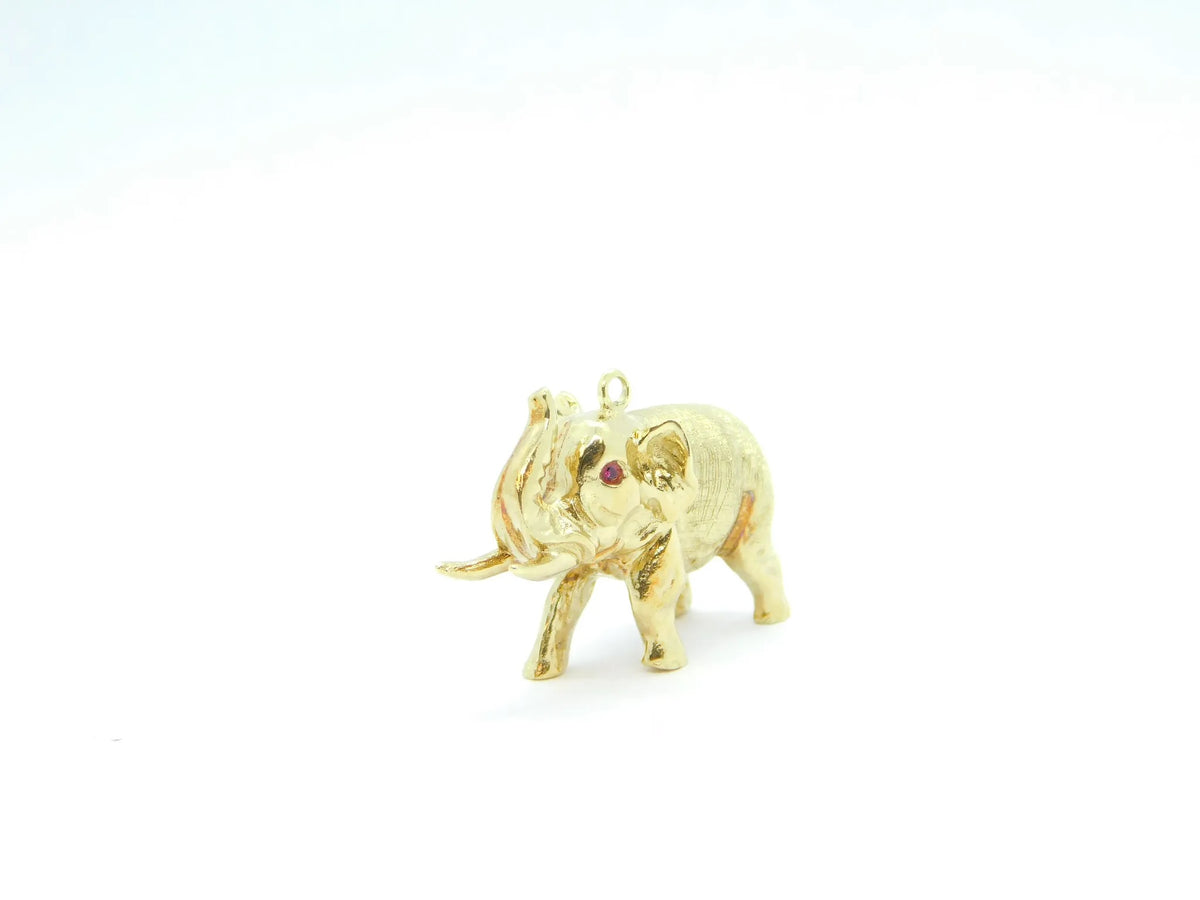 14kt Yellow Gold Solid Elephant Charm with Ruby Eyes