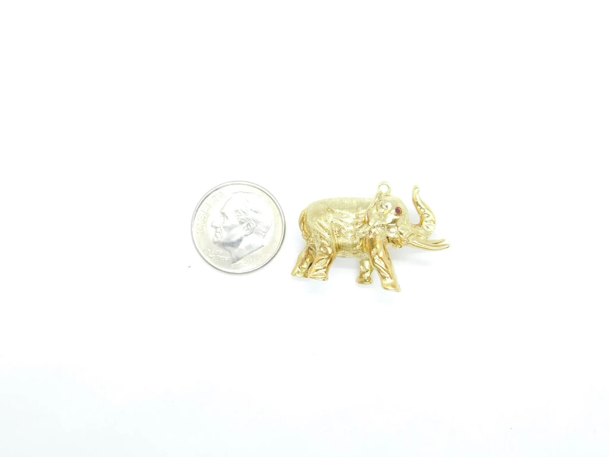14kt Yellow Gold Solid Elephant Charm with Ruby Eyes