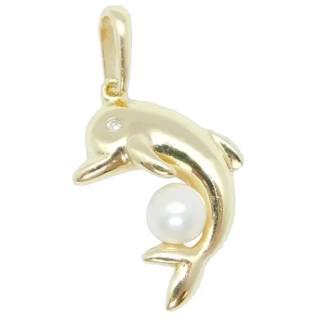 14kt Yellow Gold Nautical Dolphin Charm with Cultured Pearl and Diamond Accent