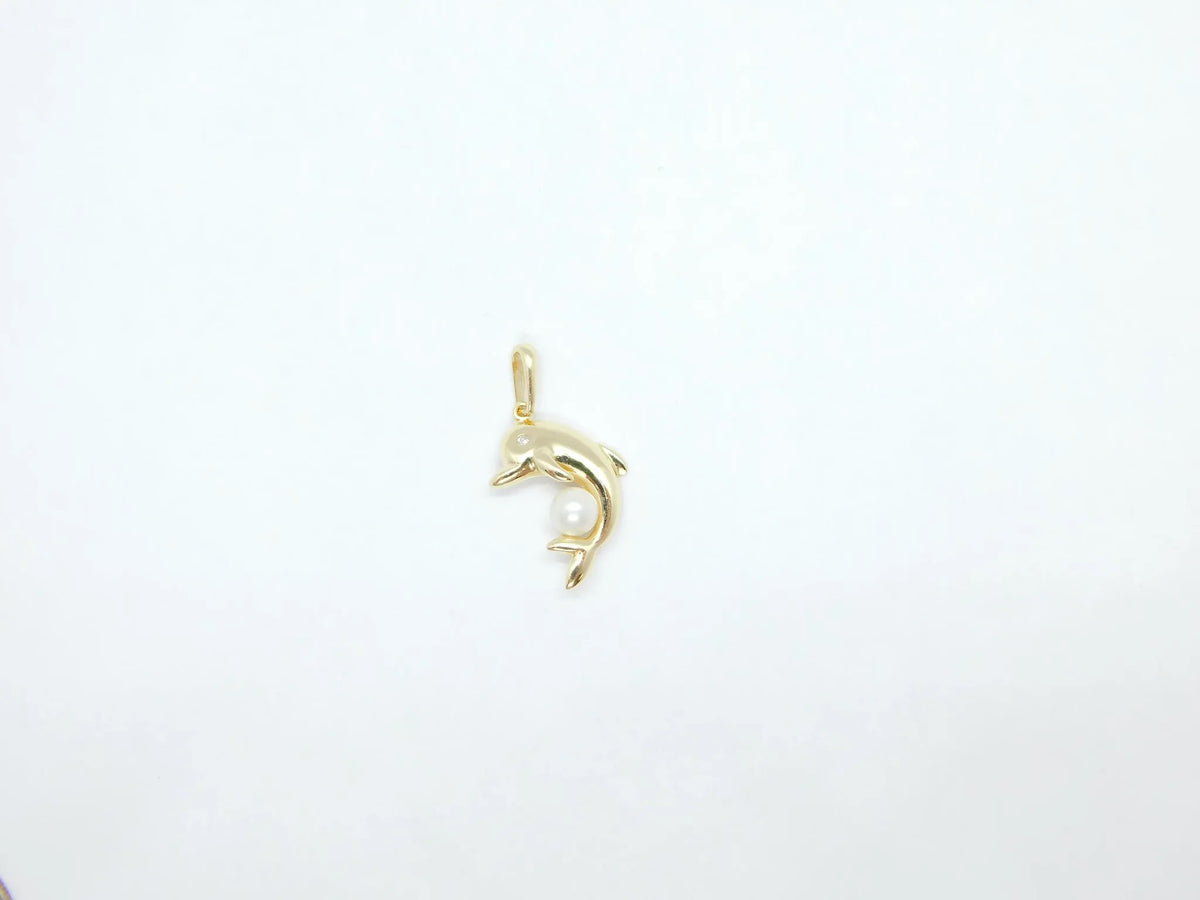 14kt Yellow Gold Nautical Dolphin Charm with Cultured Pearl and Diamond Accent