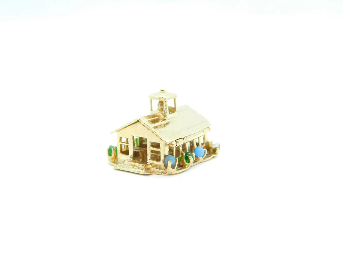 14kt Yellow Gold Opening School House Charm with Gemstone Accents