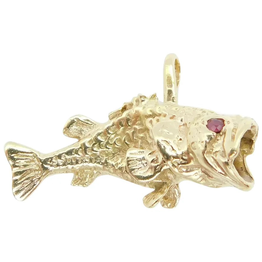 14kt Yellow Gold Open Mouth Bass Fish with Ruby Eyes Charm / Pendant