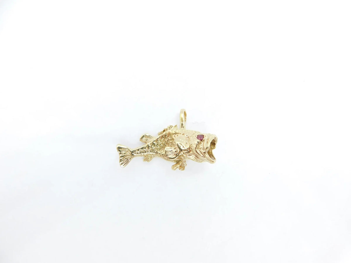 14kt Yellow Gold Open Mouth Bass Fish with Ruby Eyes Charm / Pendant